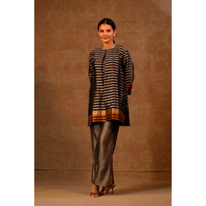 EEDA Grey Dhun Patch Zari Stripe High Neck Kurta with Pant (Set of 2)