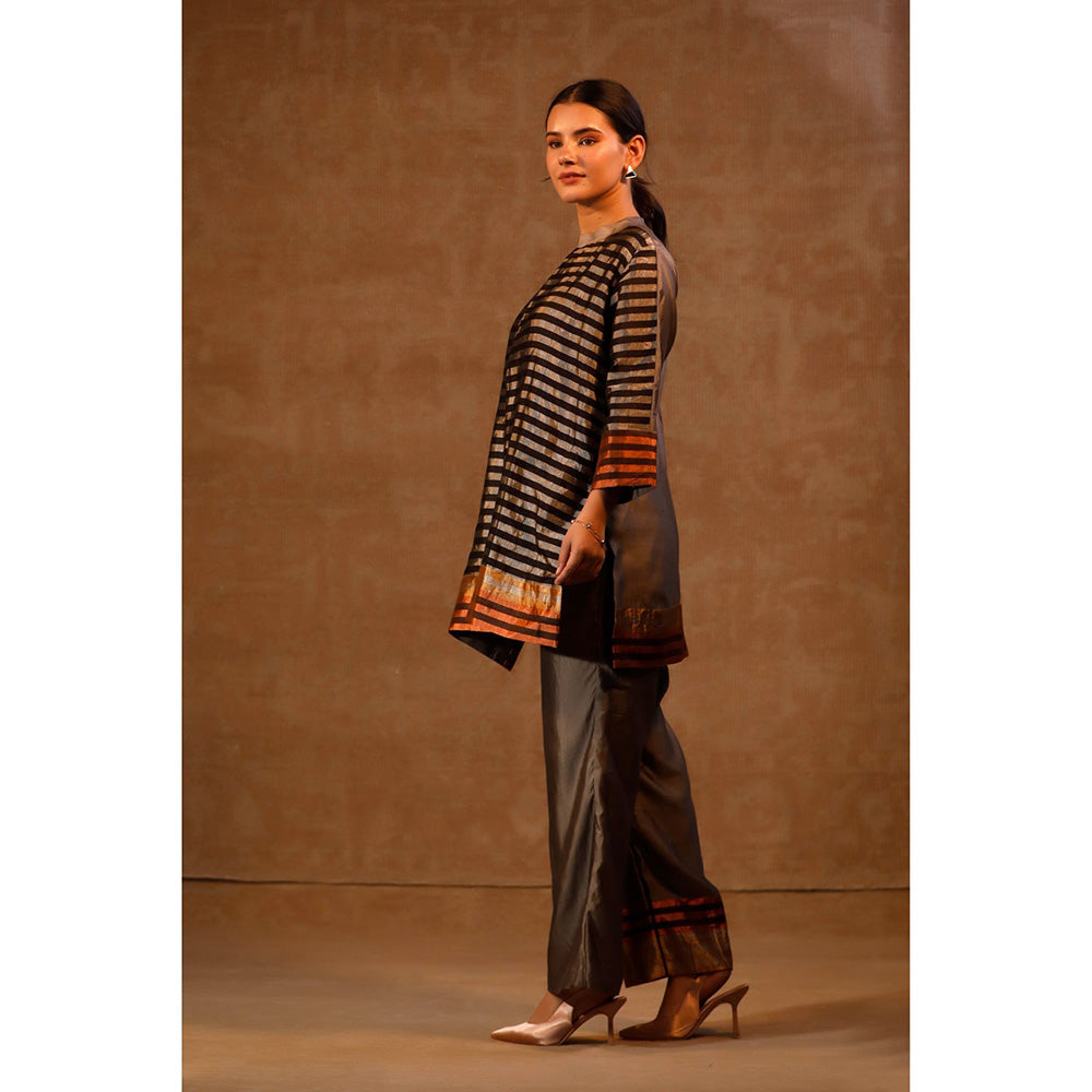 EEDA Grey Dhun Patch Zari Stripe High Neck Kurta with Pant (Set of 2)