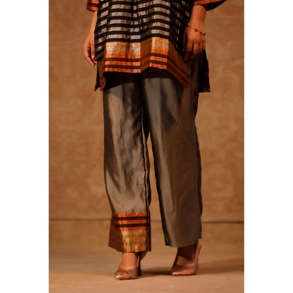EEDA Grey Dhun Patch Zari Stripe High Neck Kurta with Pant (Set of 2)