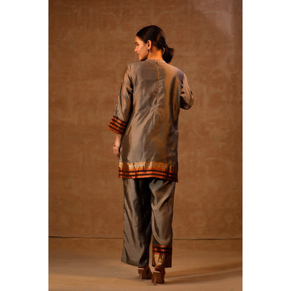 EEDA Grey Dhun Patch Zari Stripe High Neck Kurta with Pant (Set of 2)