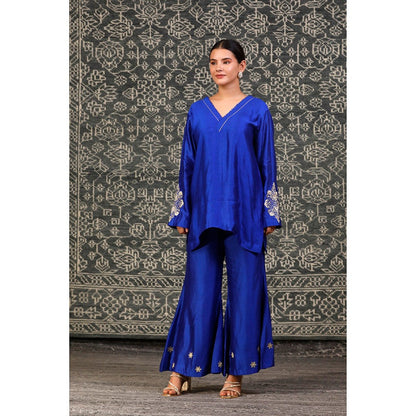 EEDA Navy Blue Embroidered Tunic with Bell Bottom Pant (Set of 2)