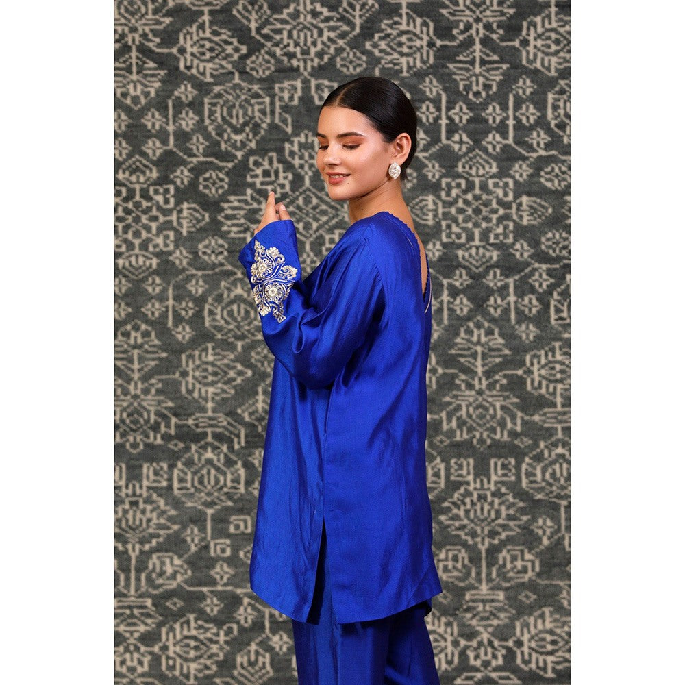 EEDA Navy Blue Embroidered Tunic with Bell Bottom Pant (Set of 2)