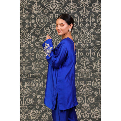 EEDA Navy Blue Embroidered Tunic with Bell Bottom Pant (Set of 2)