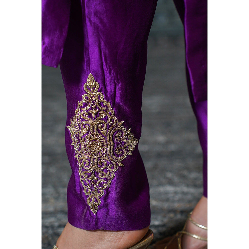 EEDA Purple Gather Embroidered Kurta with Pant (Set of 2)