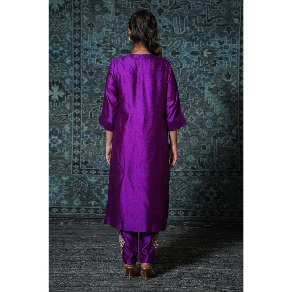 EEDA Purple Gather Embroidered Kurta with Pant (Set of 2)