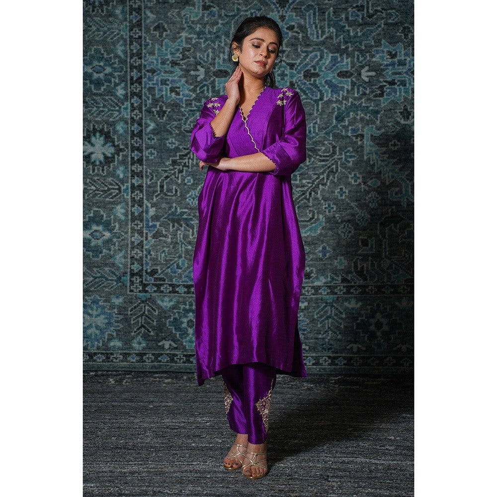 EEDA Purple Gather Embroidered Kurta with Pant (Set of 2)