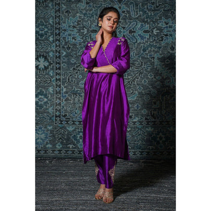 EEDA Purple Gather Embroidered Kurta with Pant (Set of 2)