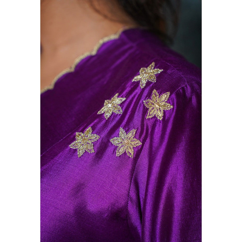 EEDA Purple Gather Embroidered Kurta with Pant (Set of 2)