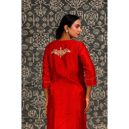 EEDA Red Dori Embroidered Kurta with Pant (Set of 2)