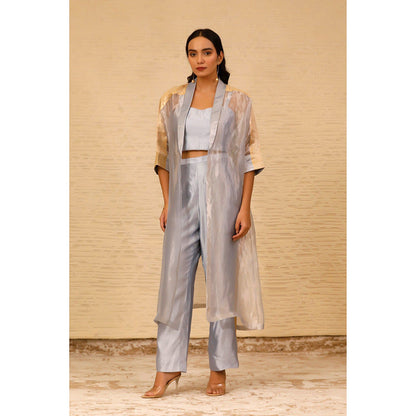 EEDA Grey Solid Crop Top with Pant and Long Jacket (Set of 3)