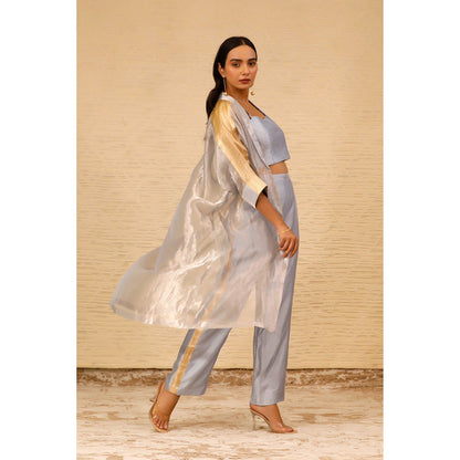 EEDA Grey Solid Crop Top with Pant and Long Jacket (Set of 3)