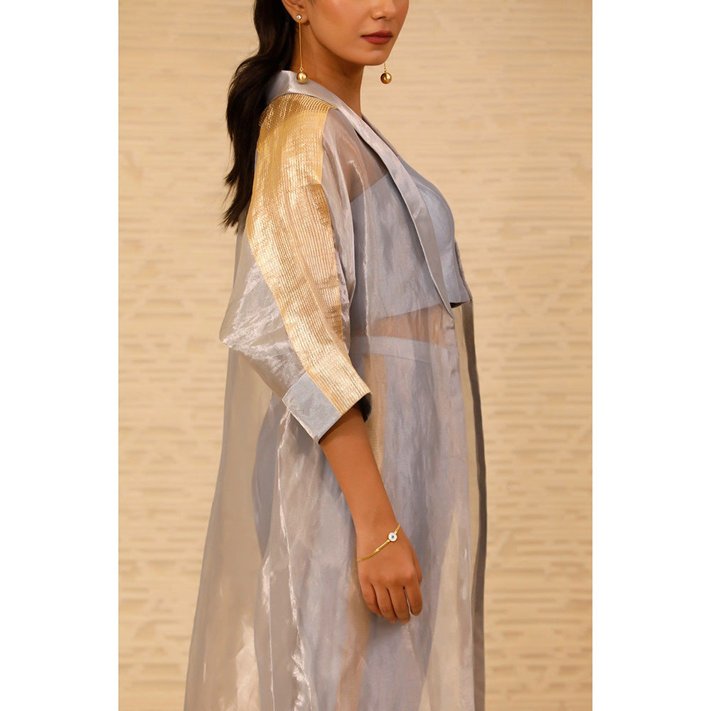 EEDA Grey Solid Crop Top with Pant and Long Jacket (Set of 3)
