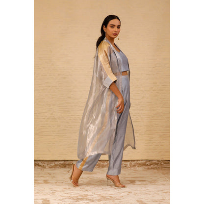 EEDA Grey Solid Crop Top with Pant and Long Jacket (Set of 3)