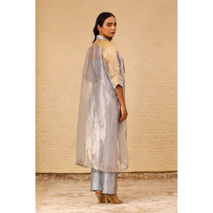 EEDA Grey Solid Crop Top with Pant and Long Jacket (Set of 3)