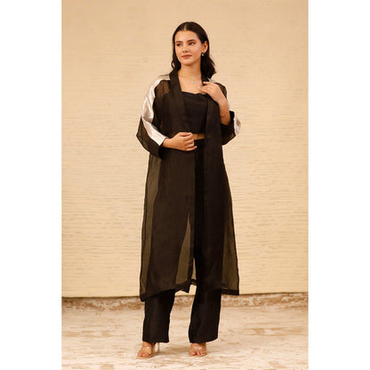 EEDA Black Solid Long Jacket with Crop Top and Pant (Set of 3)