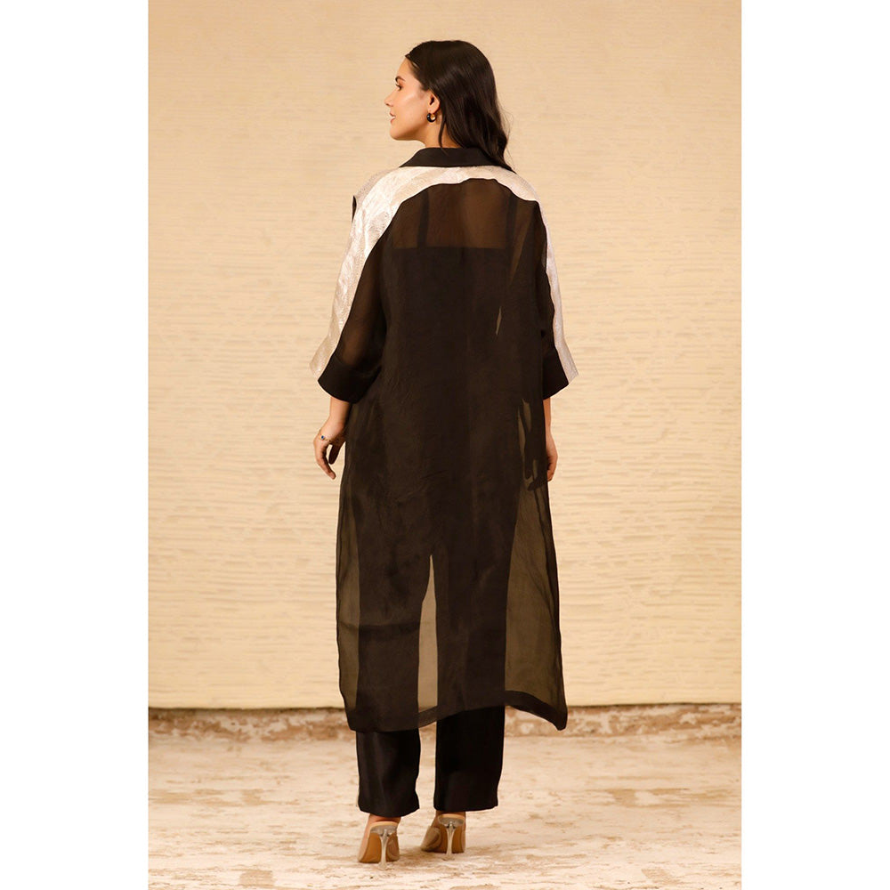 EEDA Black Solid Long Jacket with Crop Top and Pant (Set of 3)