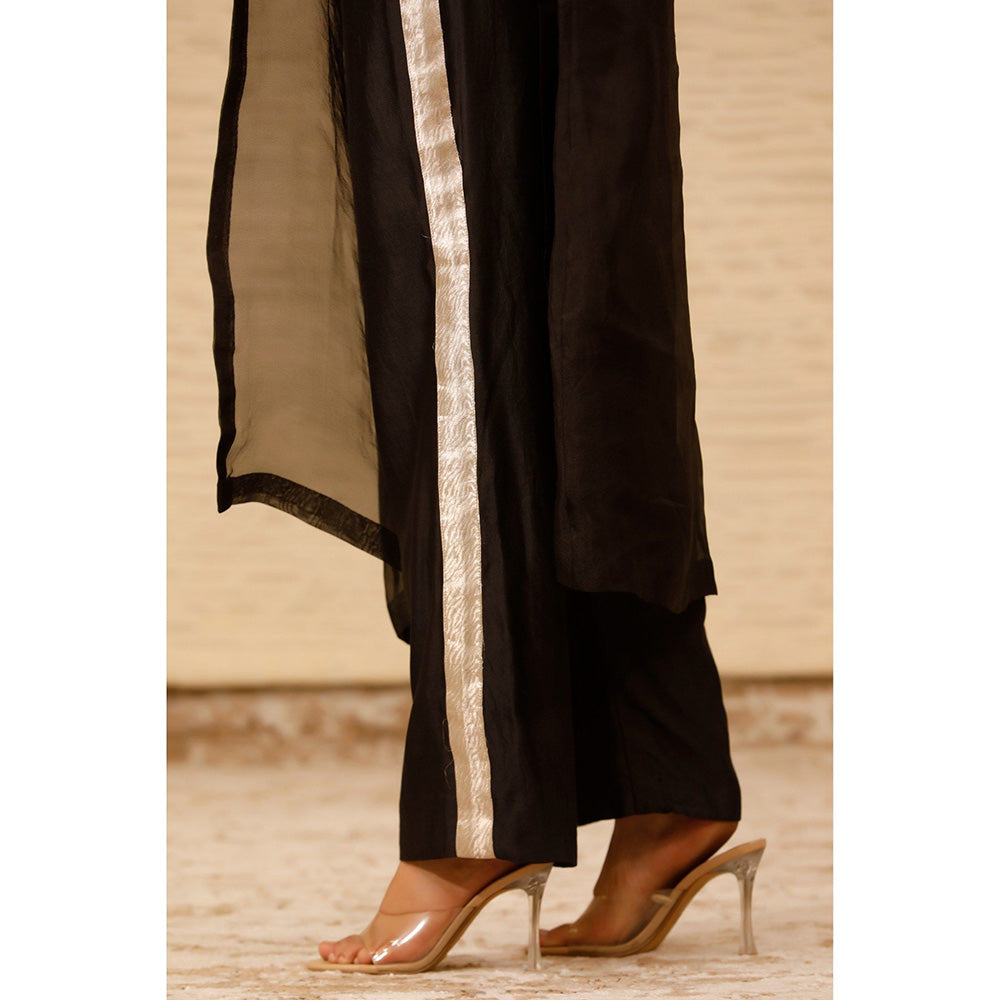 EEDA Black Solid Long Jacket with Crop Top and Pant (Set of 3)