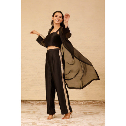 EEDA Black Solid Long Jacket with Crop Top and Pant (Set of 3)