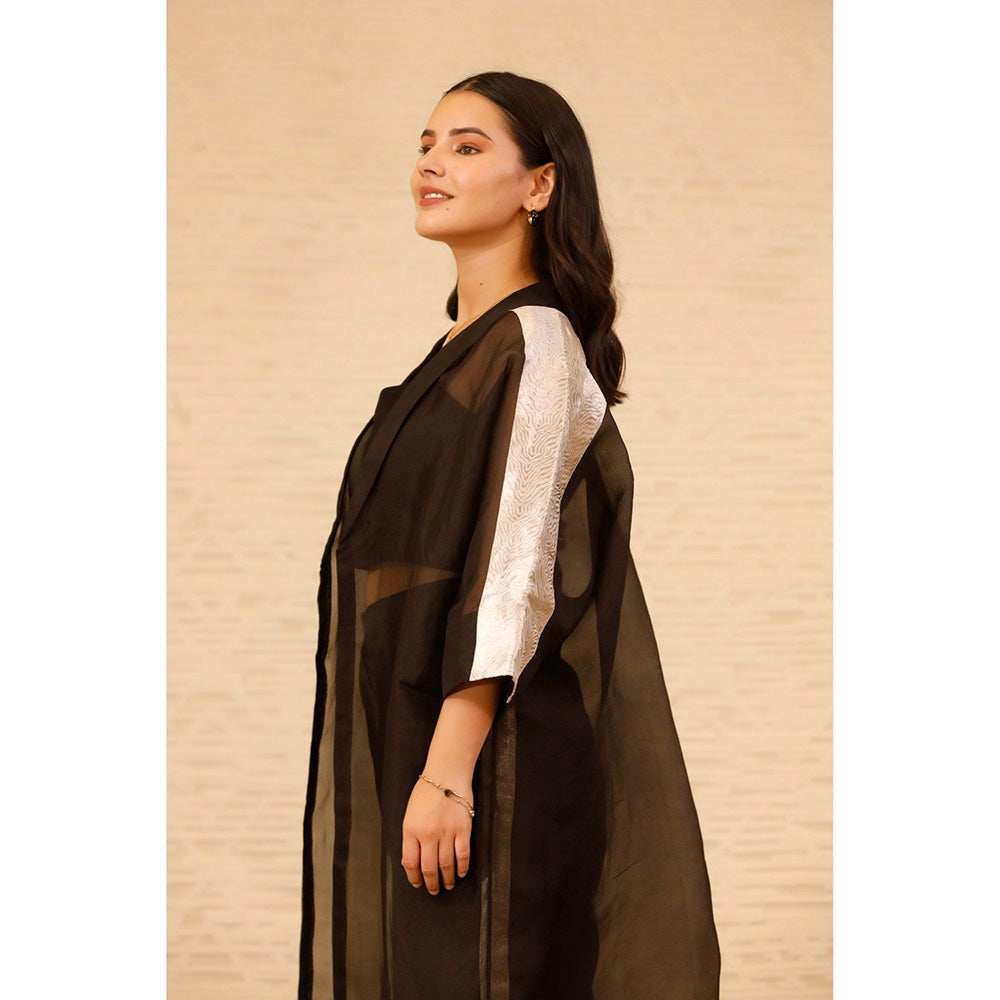 EEDA Black Solid Long Jacket with Crop Top and Pant (Set of 3)