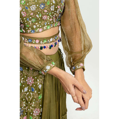 EESHA GUPTA Women Green Embroidered Lehenga with Choli and Dupatta (Set of 3)