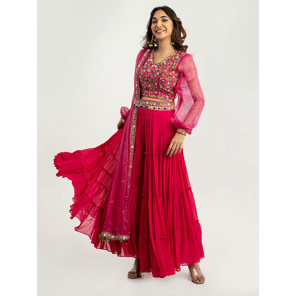 EESHA GUPTA Women Pink Embroidered Lehenga with Choli and Dupatta (Set of 3)