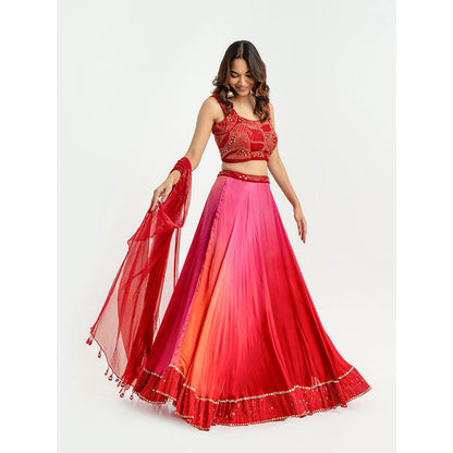 EESHA GUPTA Women Red Tie & Dye Lehenga with Choli and Dupatta (Set of 3)