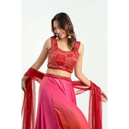 EESHA GUPTA Women Red Tie & Dye Lehenga with Choli and Dupatta (Set of 3)