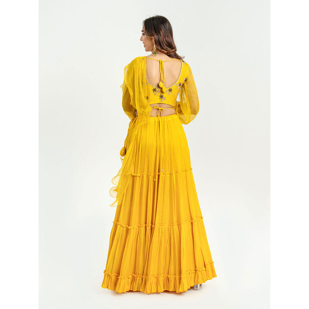 EESHA GUPTA Women Yellow Embroidered Lehenga with Choli and Dupatta (Set of 3)