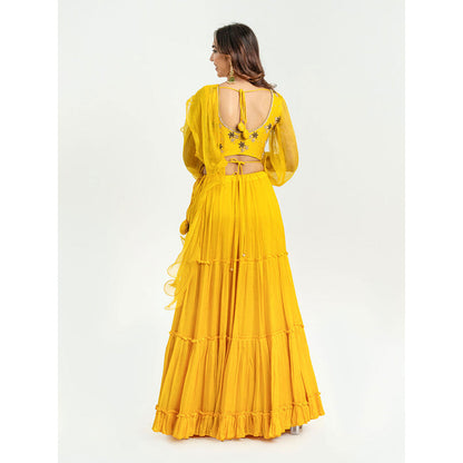 EESHA GUPTA Women Yellow Embroidered Lehenga with Choli and Dupatta (Set of 3)