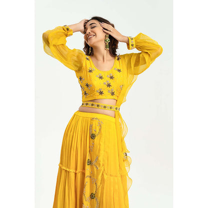 EESHA GUPTA Women Yellow Embroidered Lehenga with Choli and Dupatta (Set of 3)