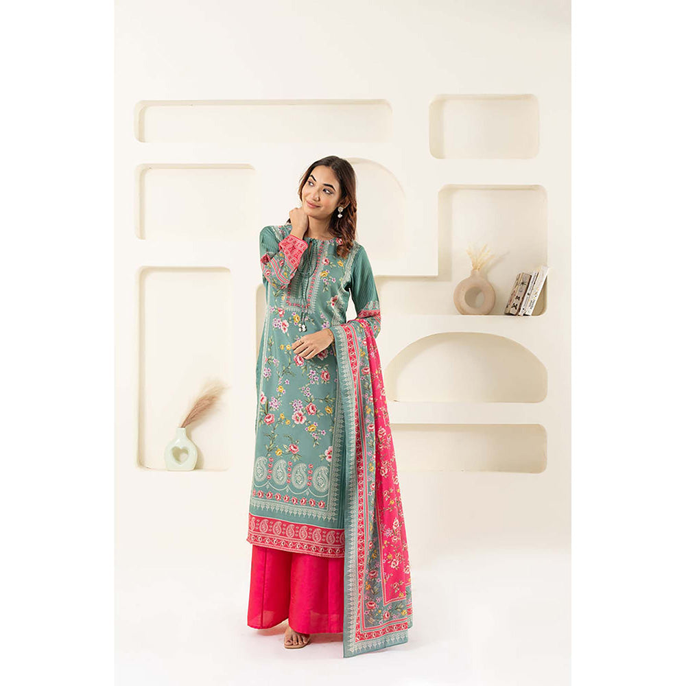 EESHA GUPTA Women Teal Floral Kurta with Palazzo and Dupatta (Set of 3)
