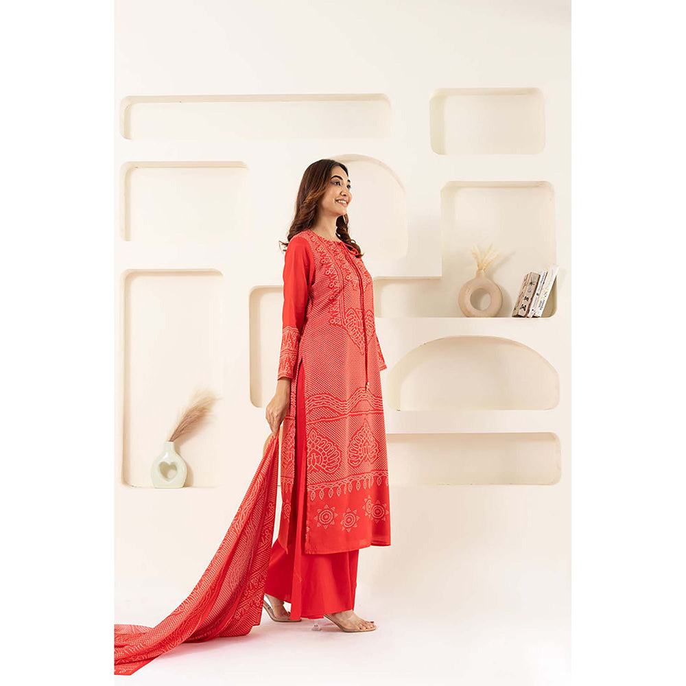 EESHA GUPTA Women Red Printed Kurta with Palazzo and Dupatta (Set of 3)
