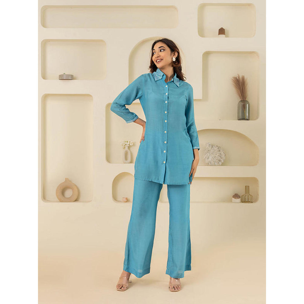 EESHA GUPTA Blue Sequin Cotton Co-Ord (Set of 2)