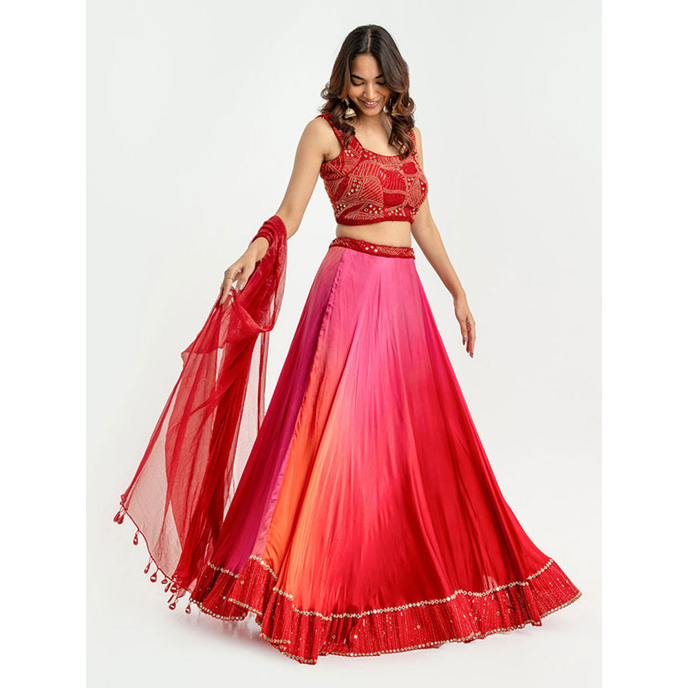 EESHA GUPTA Women Red Embellished Lehenga with Choli and Dupatta (Set of 3)
