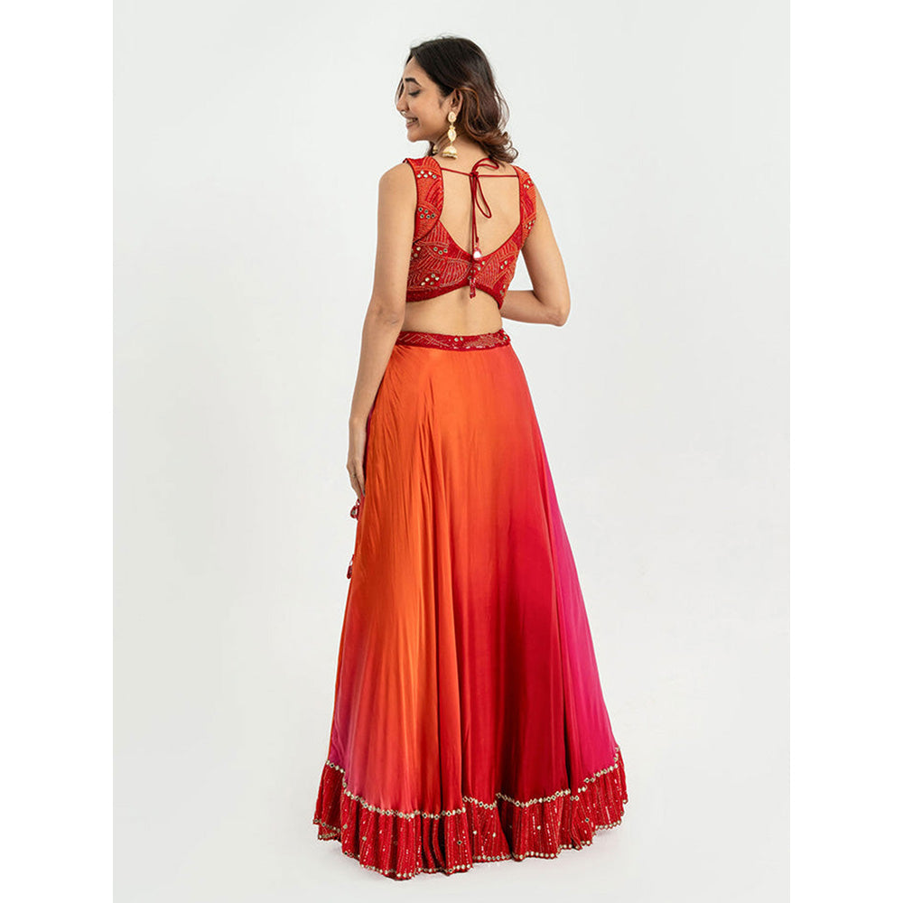 EESHA GUPTA Women Red Embellished Lehenga with Choli and Dupatta (Set of 3)