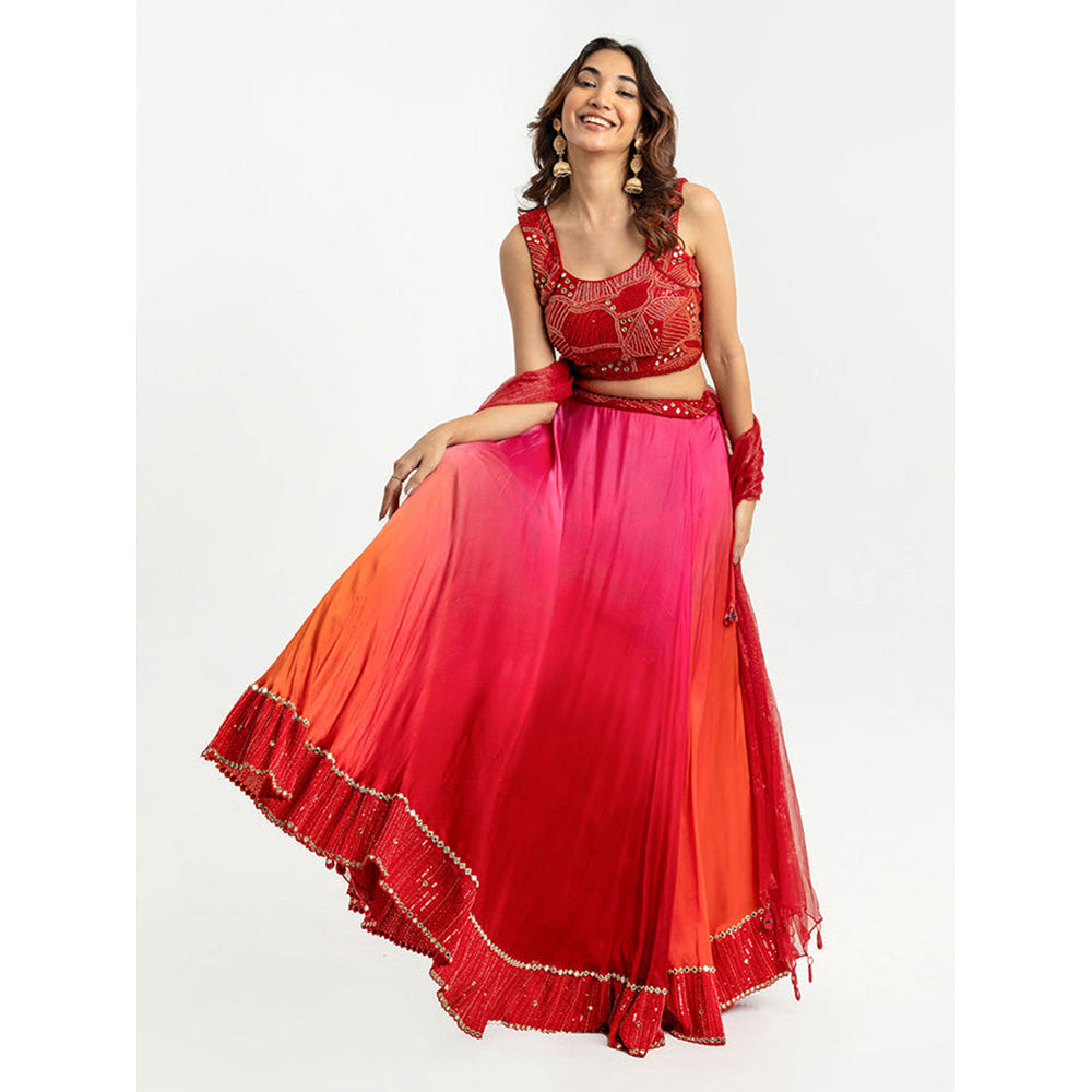 EESHA GUPTA Women Red Embellished Lehenga with Choli and Dupatta (Set of 3)