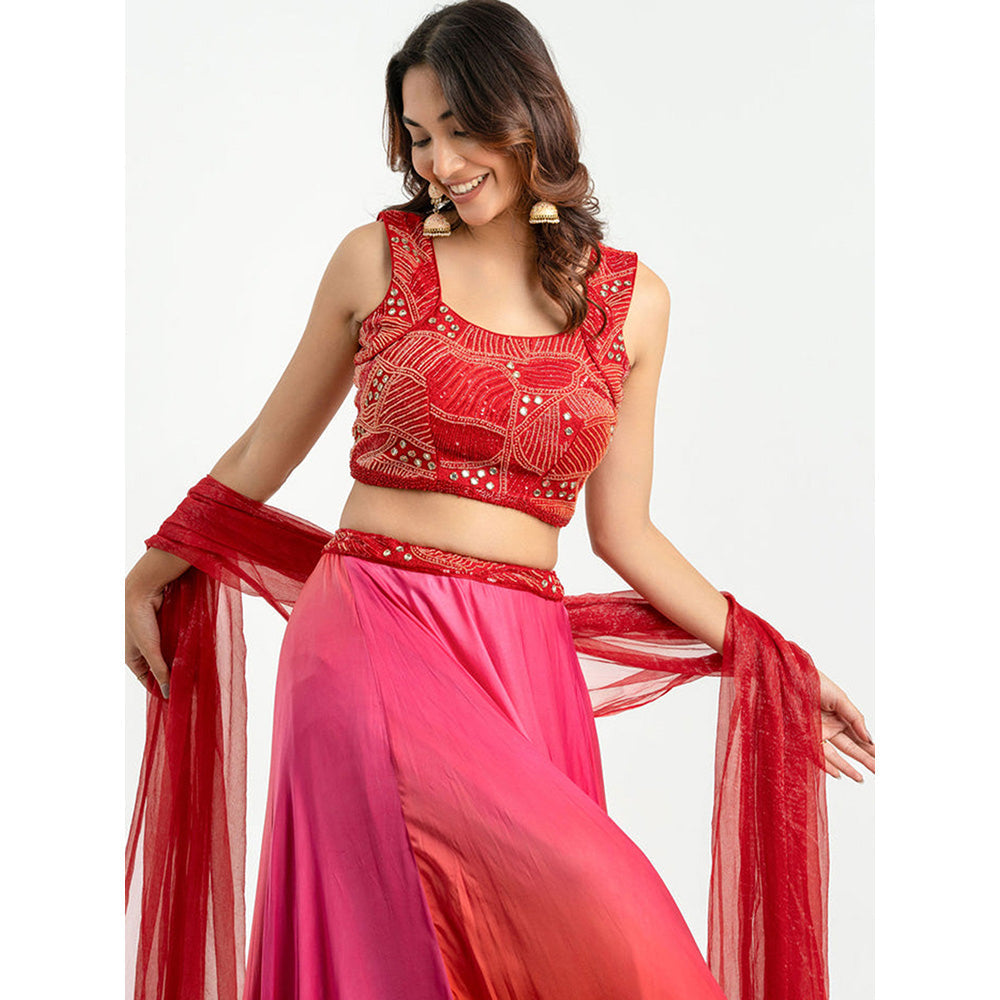 EESHA GUPTA Women Red Embellished Lehenga with Choli and Dupatta (Set of 3)