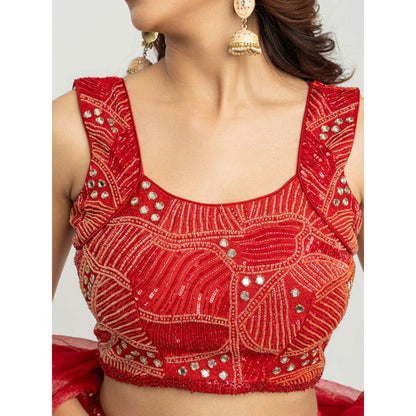 EESHA GUPTA Women Red Embellished Lehenga with Choli and Dupatta (Set of 3)