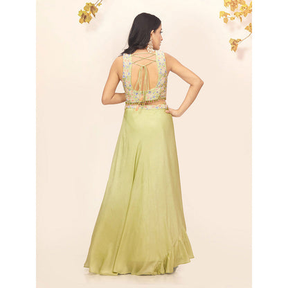 EESHA GUPTA Women Green Floral Lehenga with Choli and Cape (Set of 3)