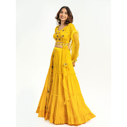EESHA GUPTA Women Yellow Embroidered Belted Lehenga with Choli and Dupatta (Set of 4)