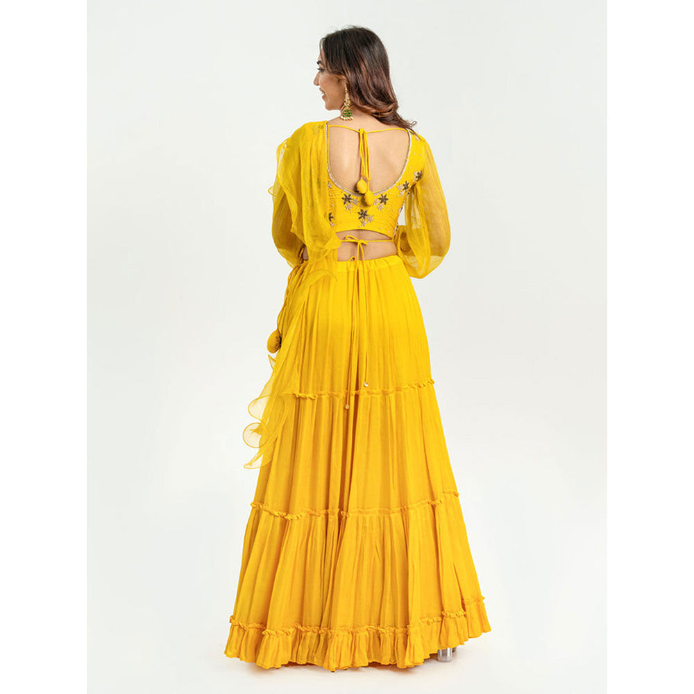 EESHA GUPTA Women Yellow Embroidered Belted Lehenga with Choli and Dupatta (Set of 4)
