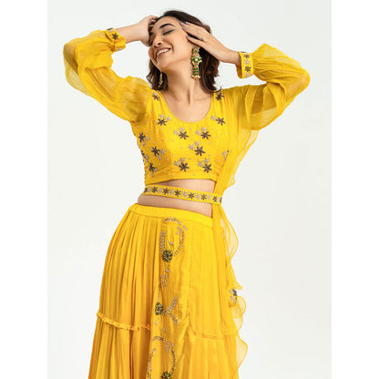 EESHA GUPTA Women Yellow Embroidered Belted Lehenga with Choli and Dupatta (Set of 4)