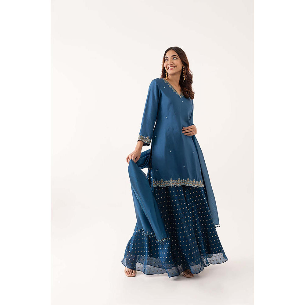 EESHA GUPTA Blue Booti Silk Kurta with Palazzo & Dupatta (Set of 3)