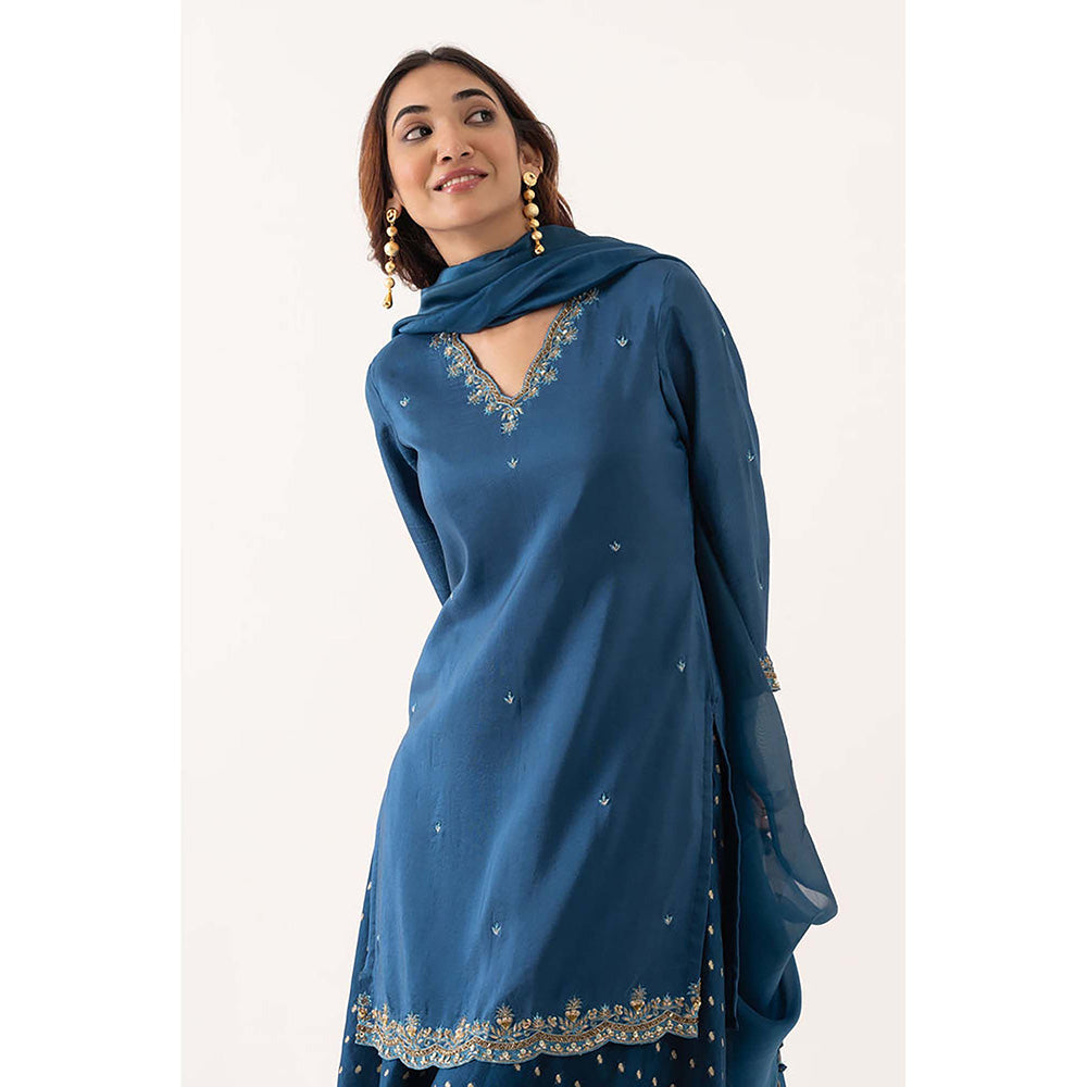 EESHA GUPTA Blue Booti Silk Kurta with Palazzo & Dupatta (Set of 3)