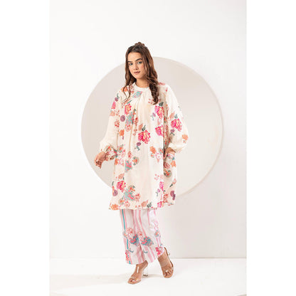 Ekavira Mogra White Floral Print Kurta and Pant (Set of 2)