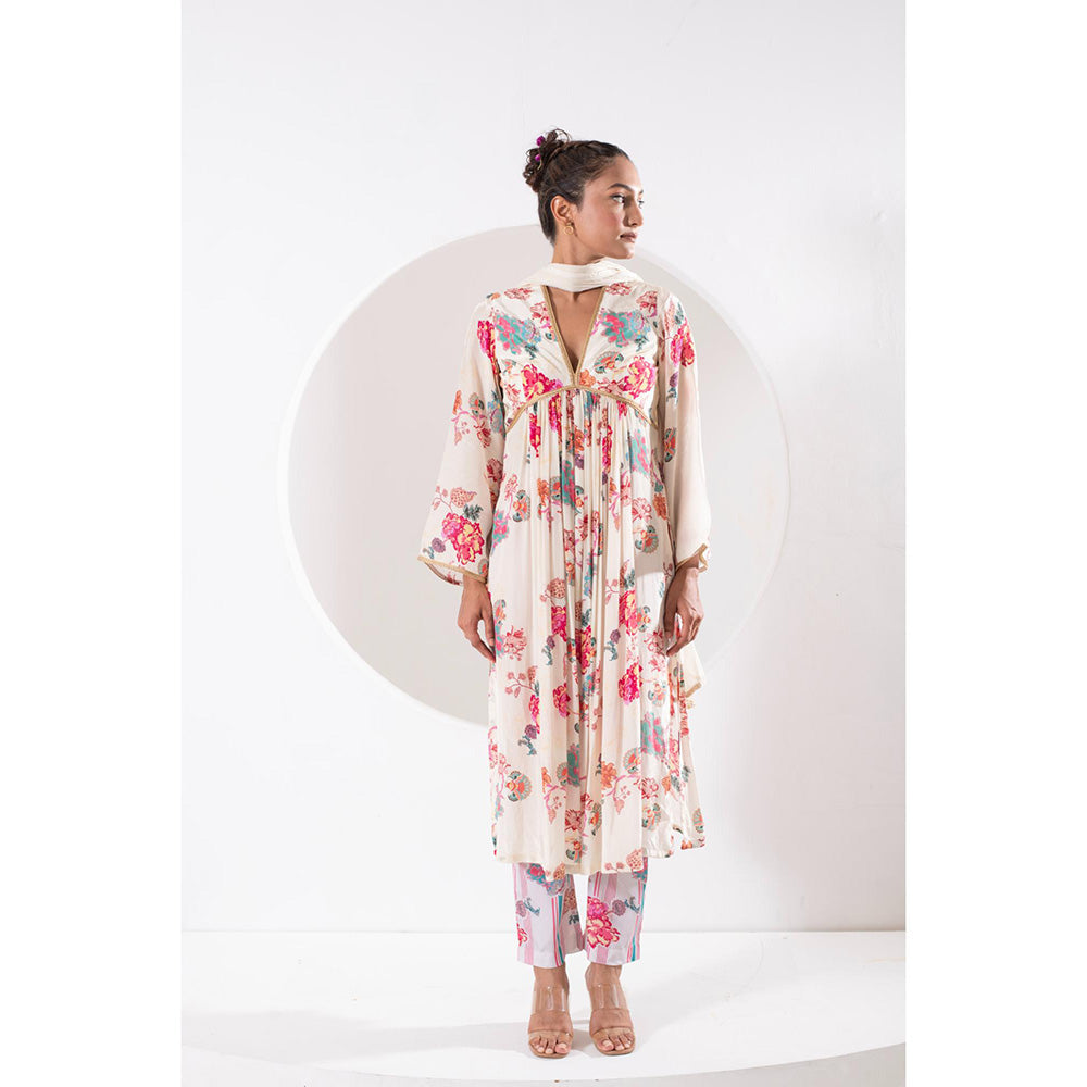 Ekavira Madhubala White Floral Print Kurta with Pant and Dupatta (Set of 3)