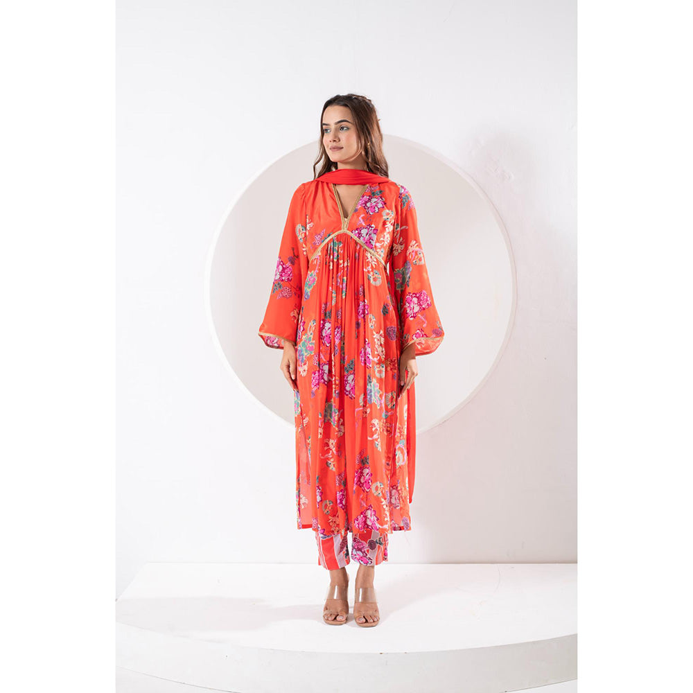 Ekavira Madhubala Orange Floral Print Kurta with Pant and Dupatta (Set of 3)