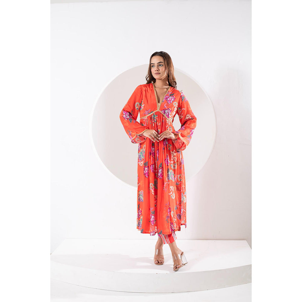 Ekavira Madhubala Orange Floral Print Kurta with Pant and Dupatta (Set of 3)