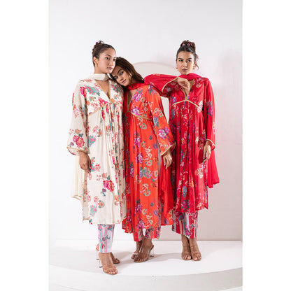 Ekavira Madhubala Orange Floral Print Kurta with Pant and Dupatta (Set of 3)