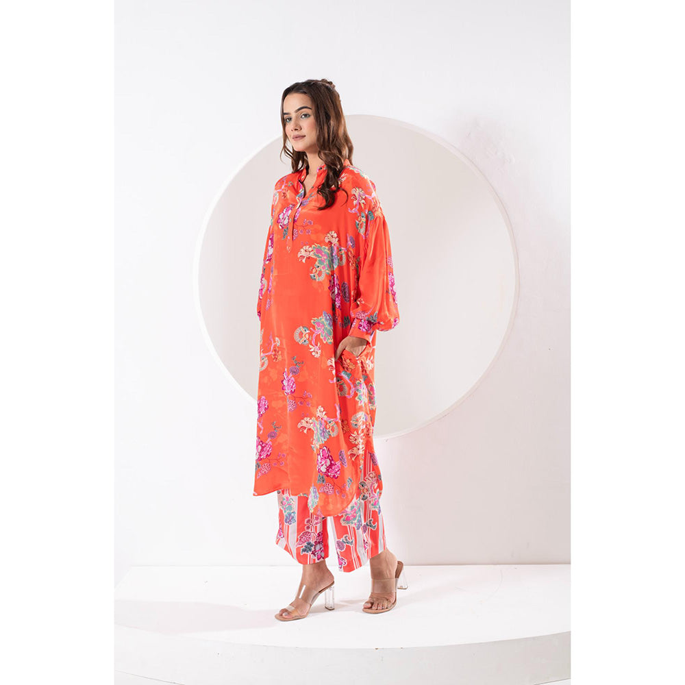 Ekavira Kanak Orange Floral Print Kurta and Pant (Set of 2)